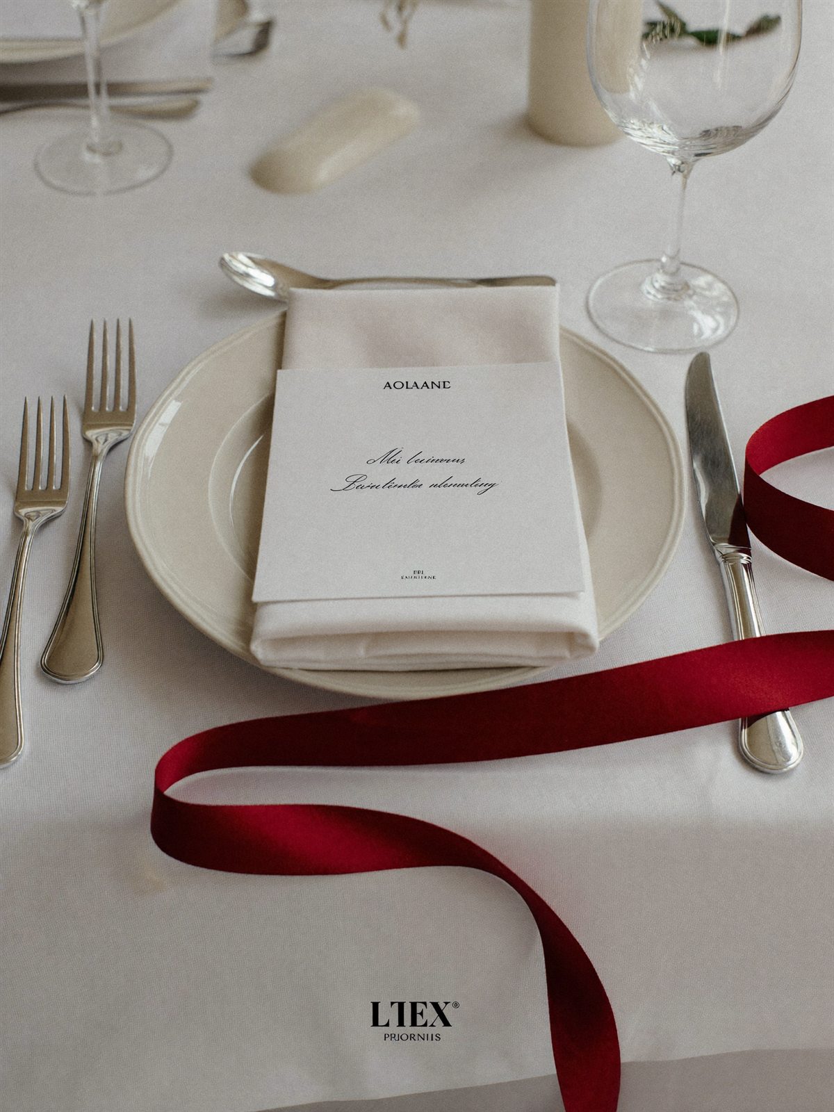 A formal place setting on white linen with a red silk ribbon